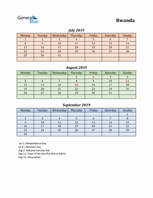 Q3 2019 Holiday Calendar - Rwanda