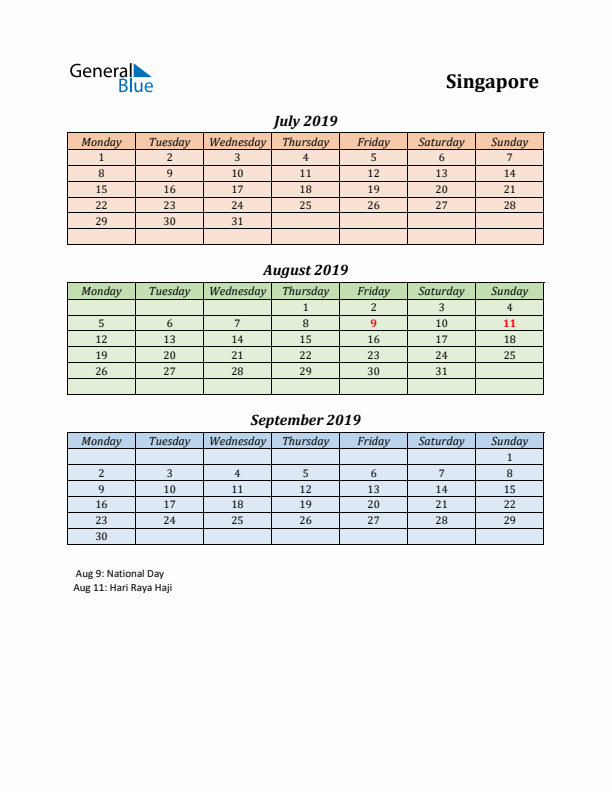 Q3 2019 Holiday Calendar - Singapore