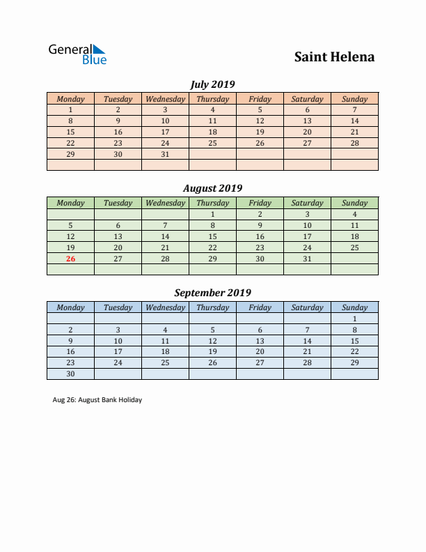 Q3 2019 Holiday Calendar - Saint Helena