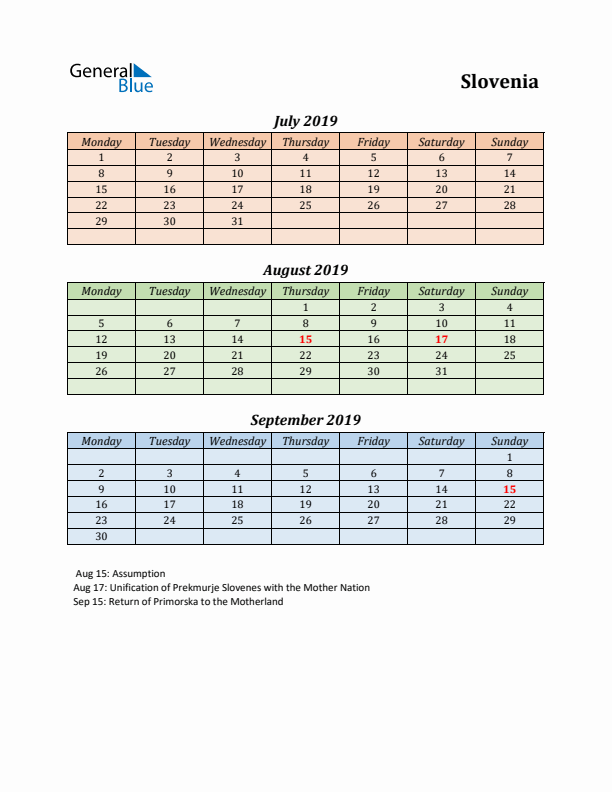 Q3 2019 Holiday Calendar - Slovenia