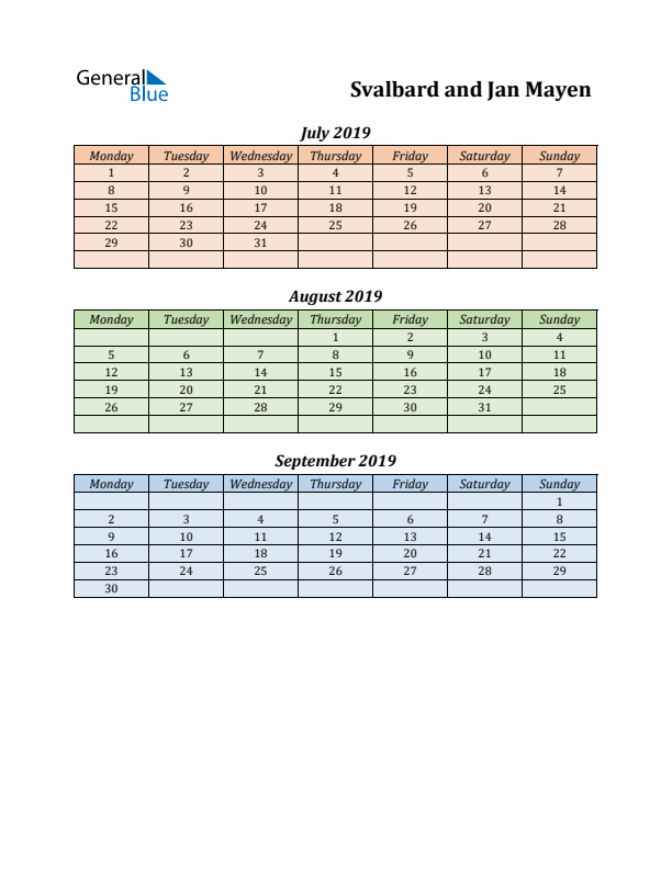 Q3 2019 Holiday Calendar - Svalbard and Jan Mayen