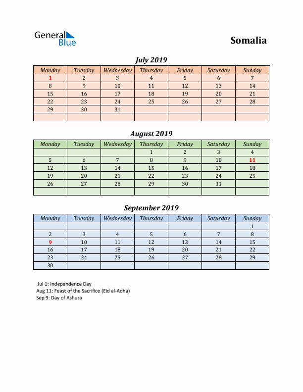 Q3 2019 Holiday Calendar - Somalia