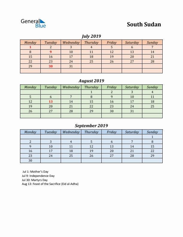 Q3 2019 Holiday Calendar - South Sudan