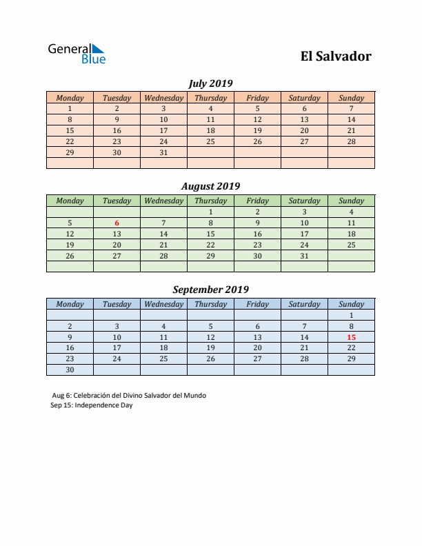 Q3 2019 Holiday Calendar - El Salvador