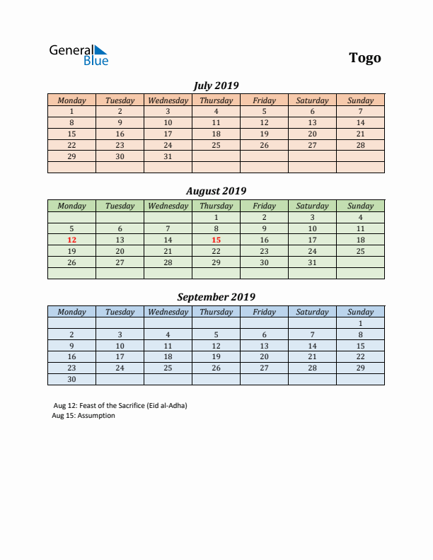 Q3 2019 Holiday Calendar - Togo