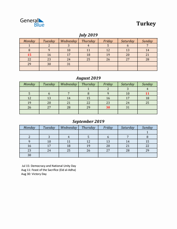 Q3 2019 Holiday Calendar - Turkey