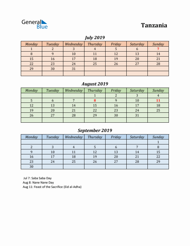 Q3 2019 Holiday Calendar - Tanzania