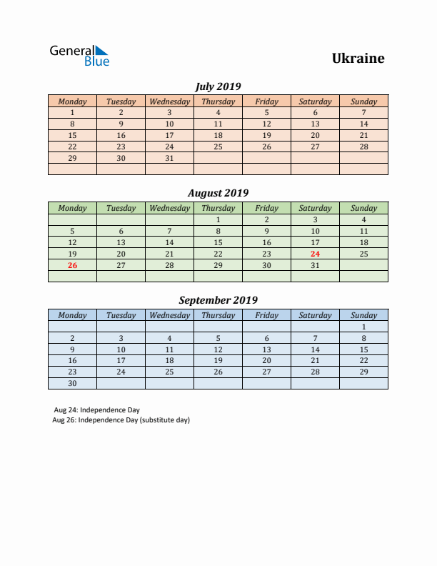 Q3 2019 Holiday Calendar - Ukraine