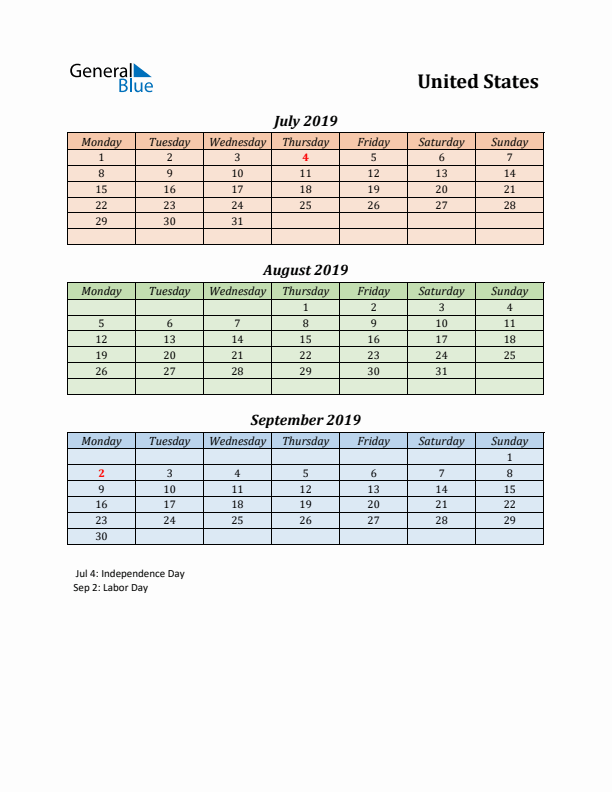 Q3 2019 Holiday Calendar - United States