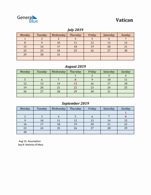 Q3 2019 Holiday Calendar - Vatican