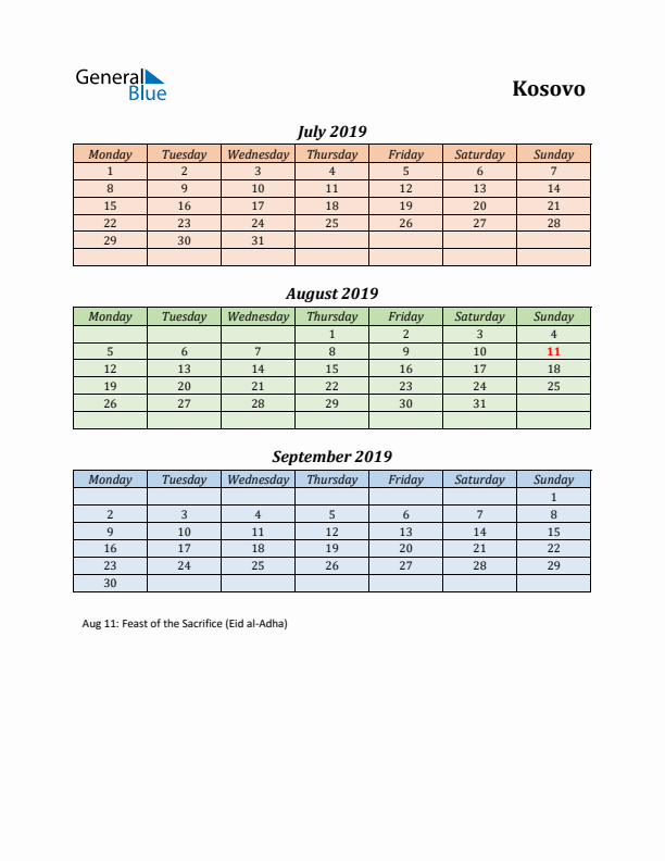 Q3 2019 Holiday Calendar - Kosovo