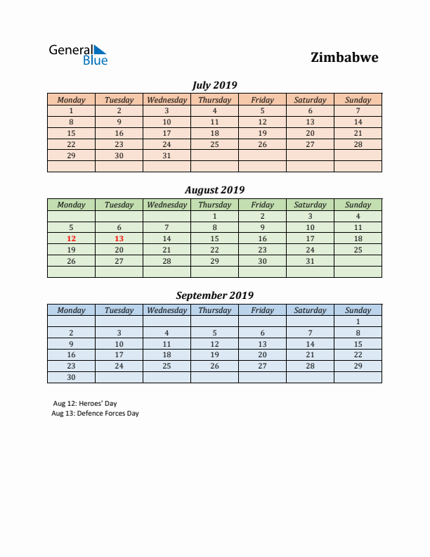 Q3 2019 Holiday Calendar - Zimbabwe