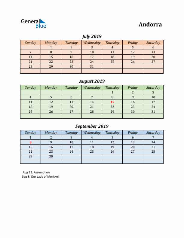 Q3 2019 Holiday Calendar - Andorra