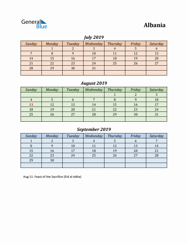 Q3 2019 Holiday Calendar - Albania