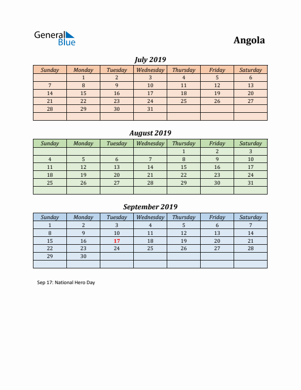 Q3 2019 Holiday Calendar - Angola