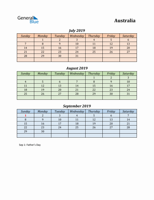 Q3 2019 Holiday Calendar - Australia