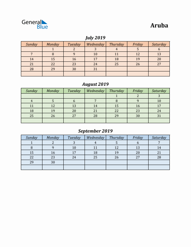 Q3 2019 Holiday Calendar - Aruba