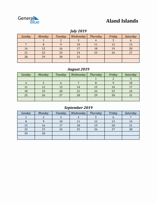 Q3 2019 Holiday Calendar - Aland Islands