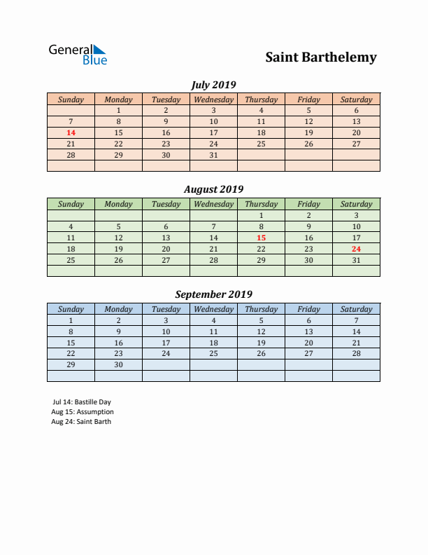 Q3 2019 Holiday Calendar - Saint Barthelemy