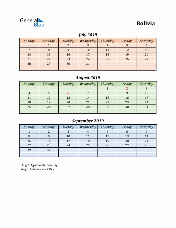 Q3 2019 Holiday Calendar - Bolivia