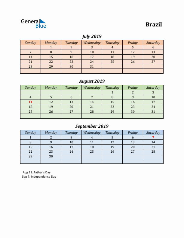 Q3 2019 Holiday Calendar - Brazil