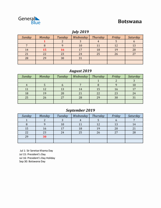 Q3 2019 Holiday Calendar - Botswana