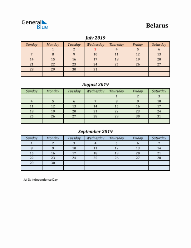 Q3 2019 Holiday Calendar - Belarus