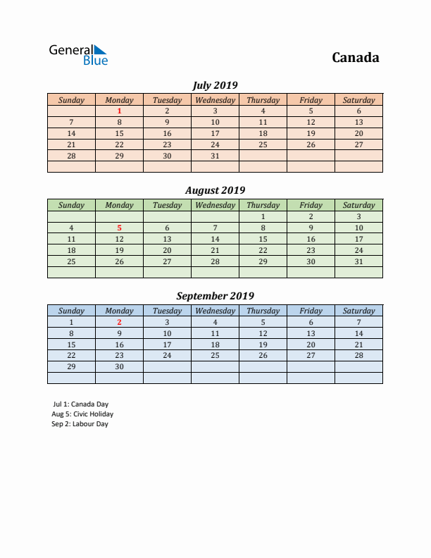 Q3 2019 Holiday Calendar - Canada