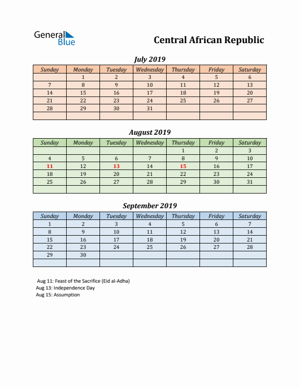 Q3 2019 Holiday Calendar - Central African Republic