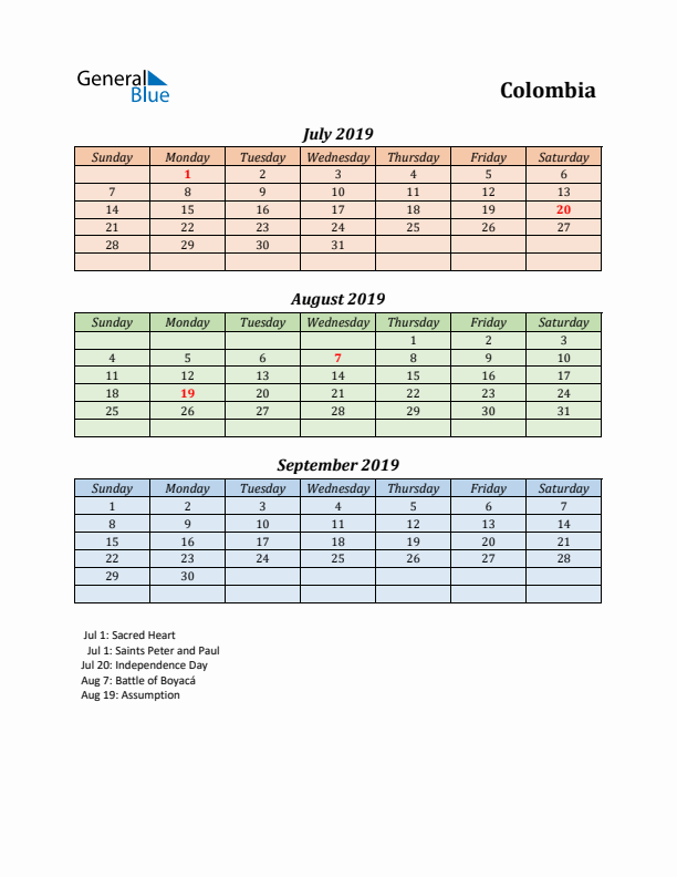 Q3 2019 Holiday Calendar - Colombia