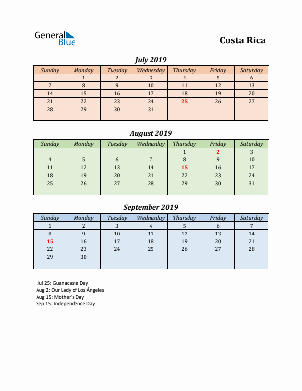 Q3 2019 Holiday Calendar - Costa Rica