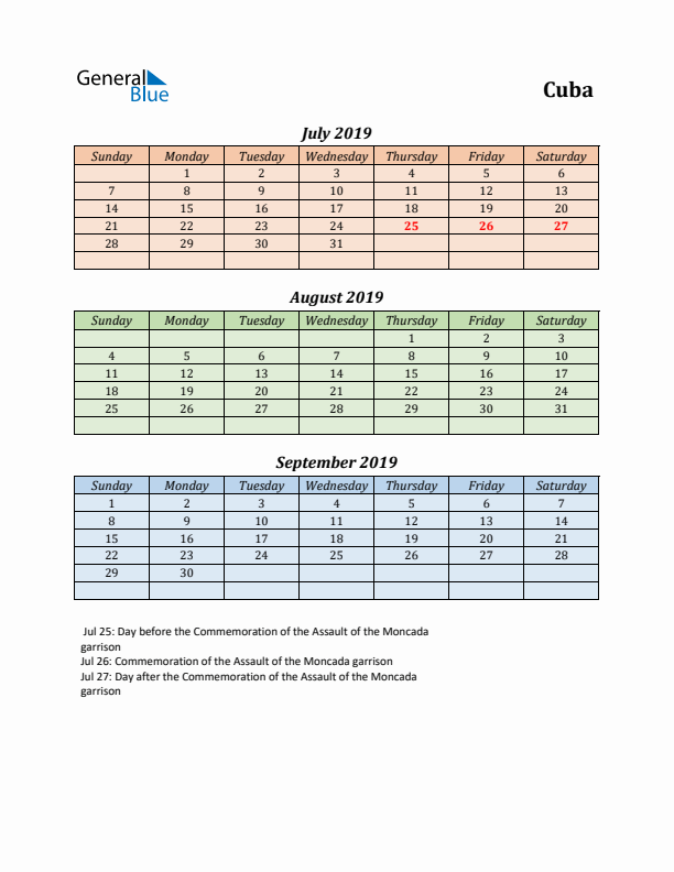 Q3 2019 Holiday Calendar - Cuba