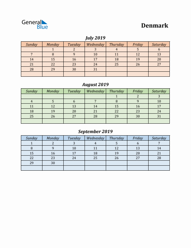 Q3 2019 Holiday Calendar - Denmark