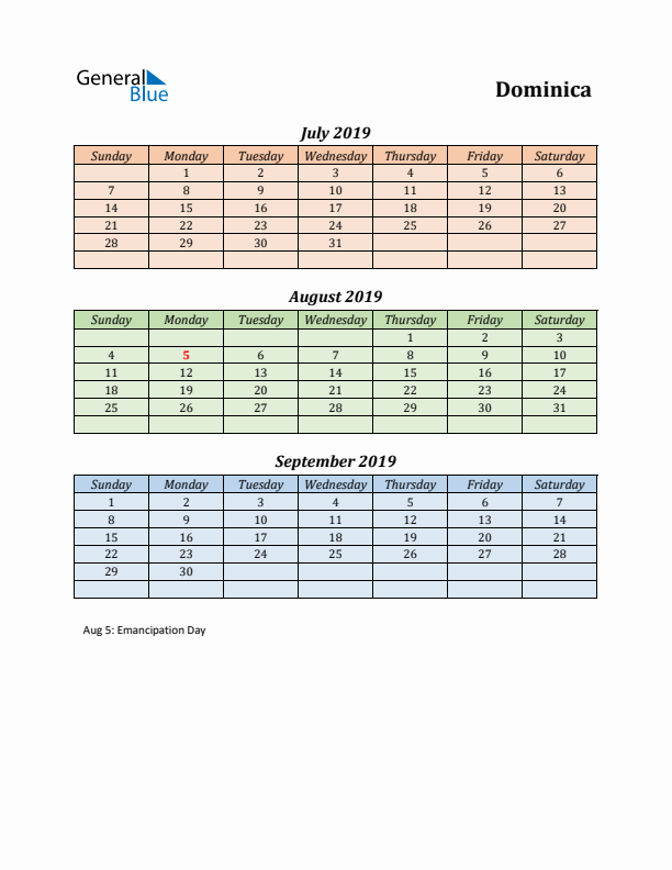 Q3 2019 Holiday Calendar - Dominica