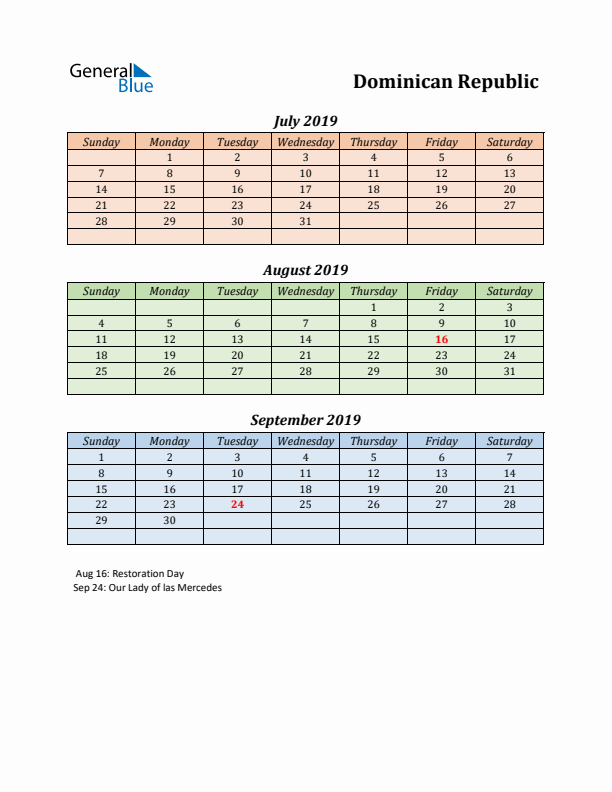 Q3 2019 Holiday Calendar - Dominican Republic