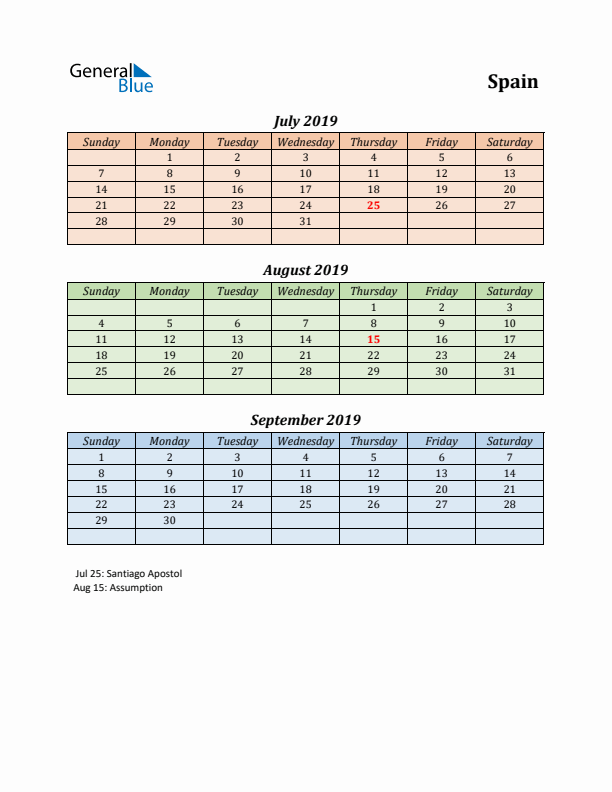 Q3 2019 Holiday Calendar - Spain