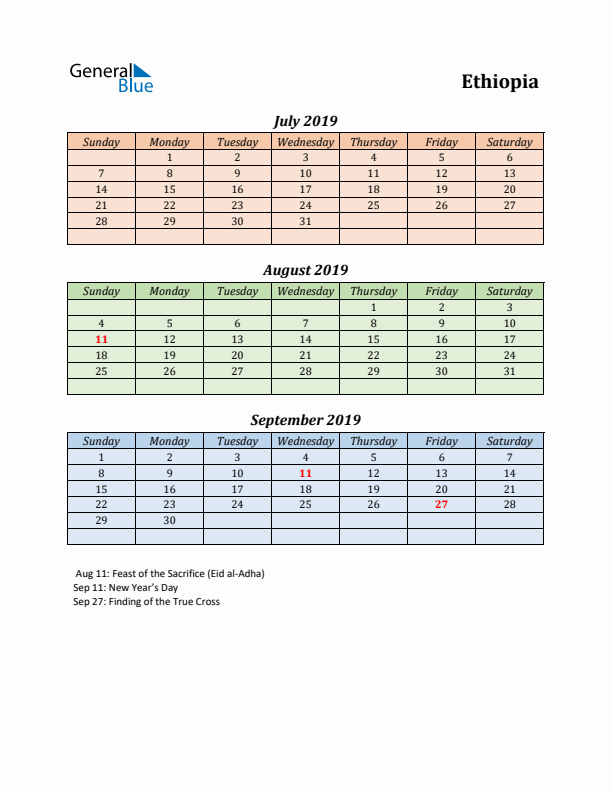 Q3 2019 Holiday Calendar - Ethiopia