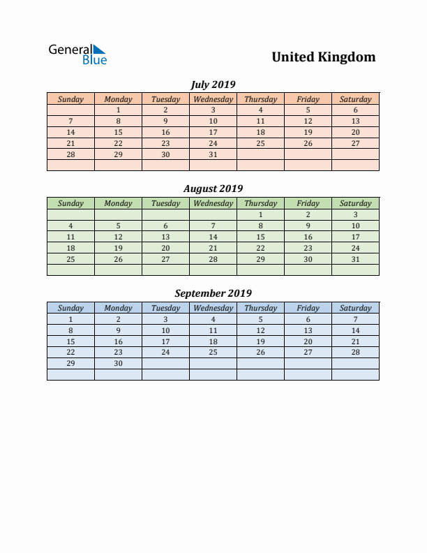 Q3 2019 Holiday Calendar - United Kingdom