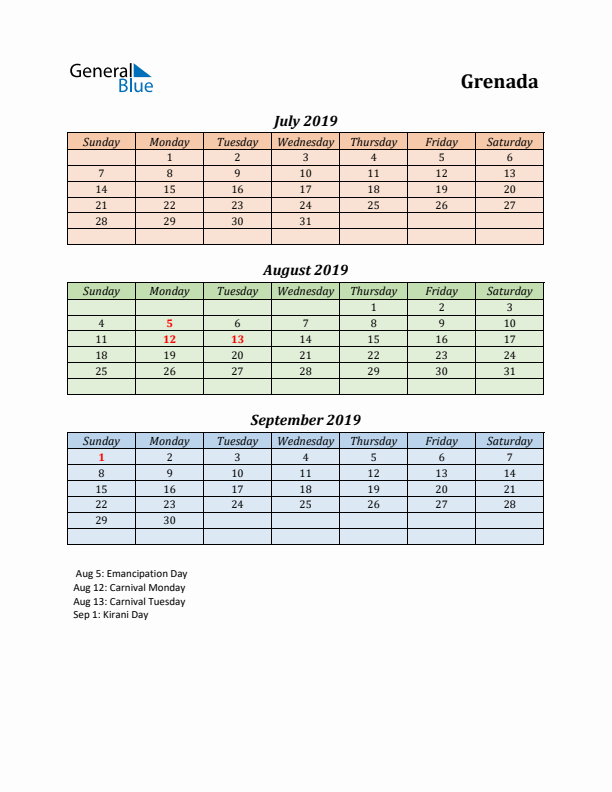 Q3 2019 Holiday Calendar - Grenada