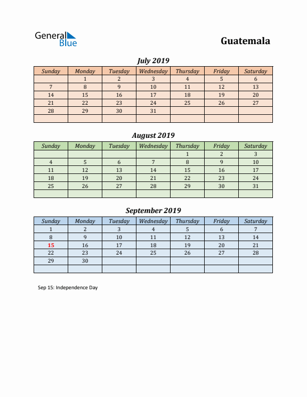 Q3 2019 Holiday Calendar - Guatemala