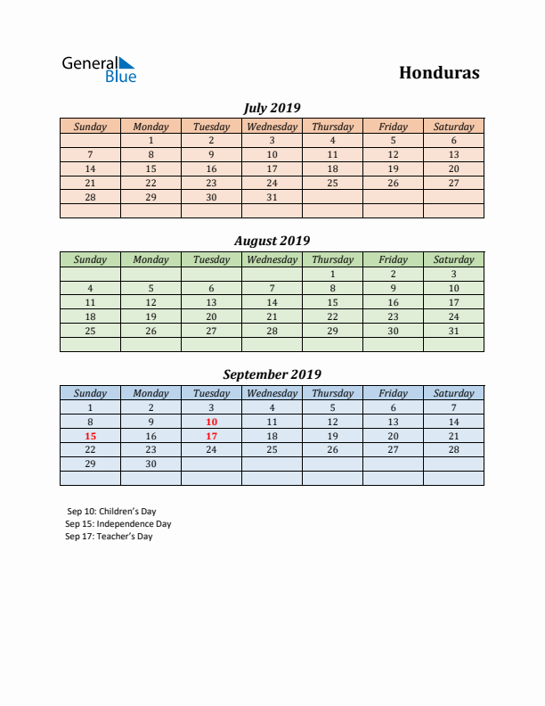 Q3 2019 Holiday Calendar - Honduras