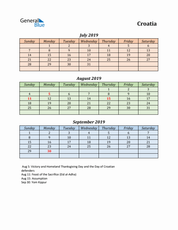 Q3 2019 Holiday Calendar - Croatia