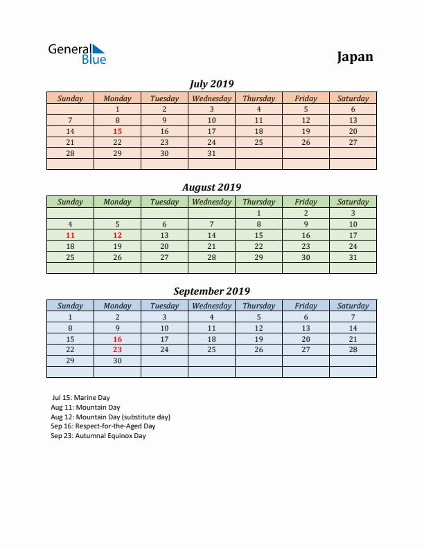 Q3 2019 Holiday Calendar - Japan