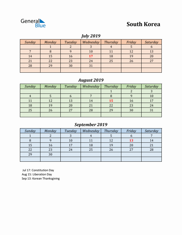 Q3 2019 Holiday Calendar - South Korea