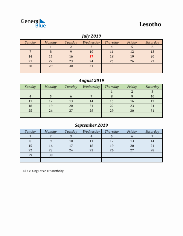 Q3 2019 Holiday Calendar - Lesotho