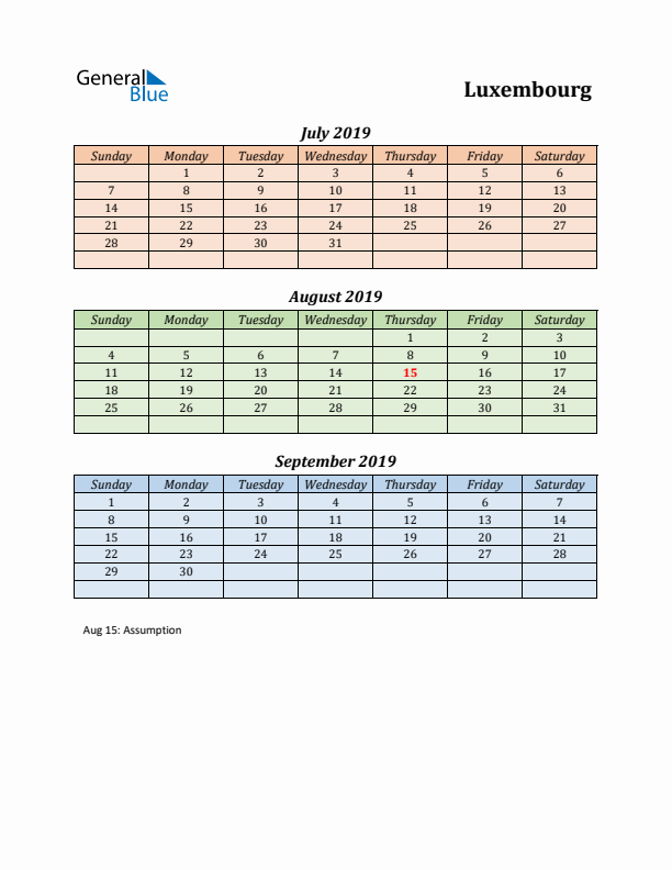 Q3 2019 Holiday Calendar - Luxembourg