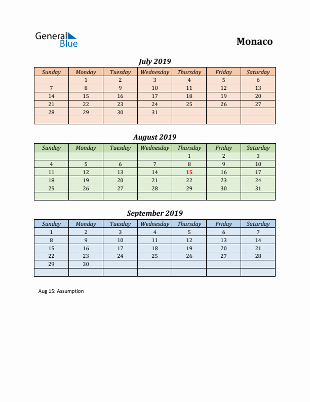 Q3 2019 Holiday Calendar - Monaco