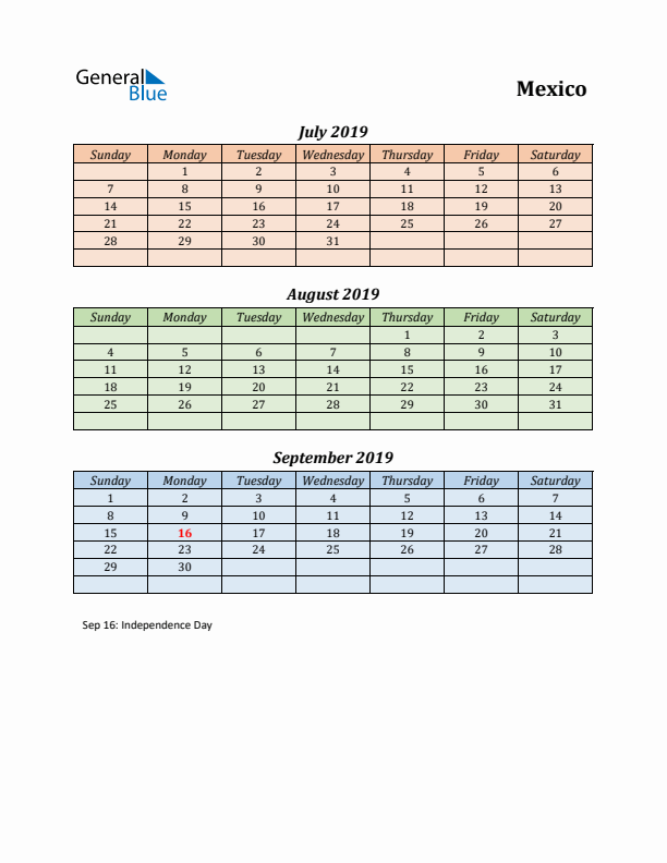 Q3 2019 Holiday Calendar - Mexico