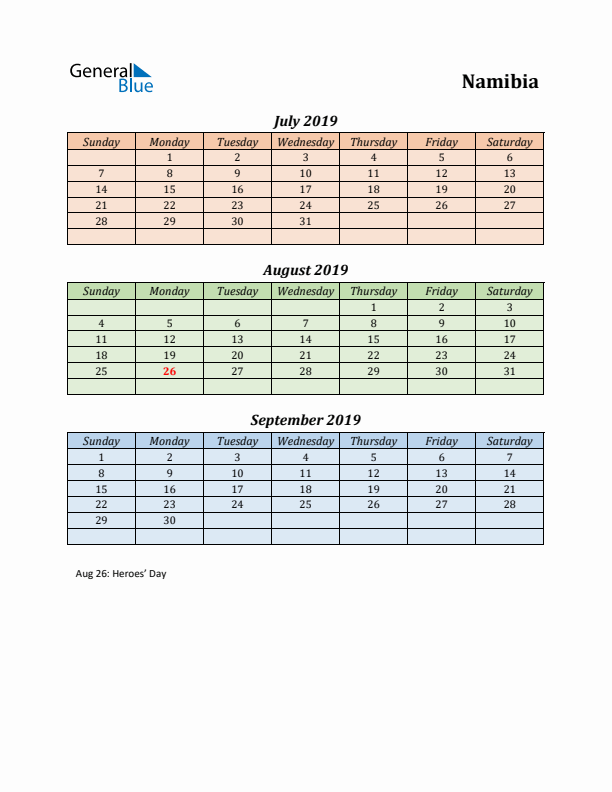 Q3 2019 Holiday Calendar - Namibia