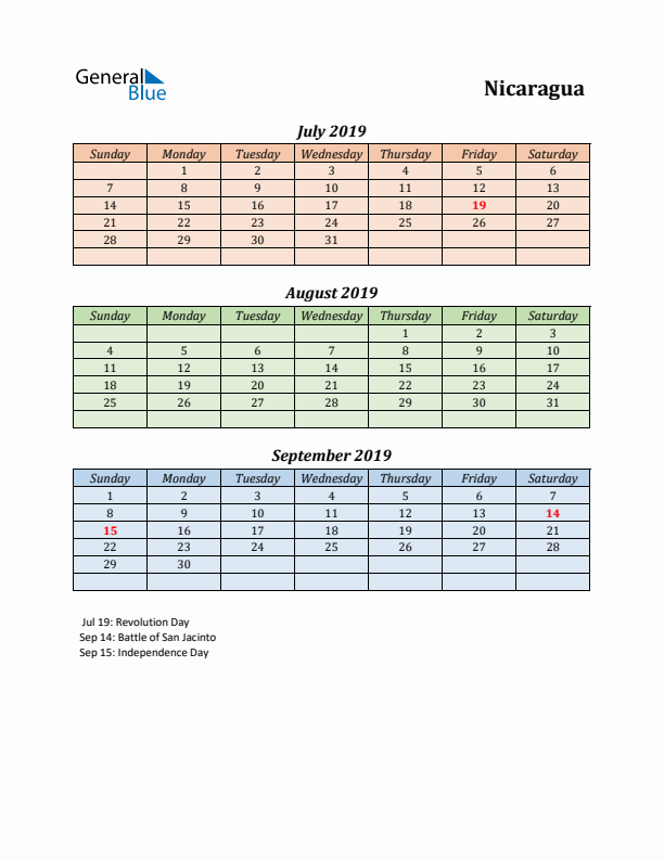 Q3 2019 Holiday Calendar - Nicaragua